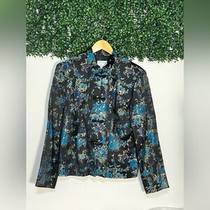 Metaphor Vintage Brocade Jacket Womens Size L Black Blue Asian Floral Pattern